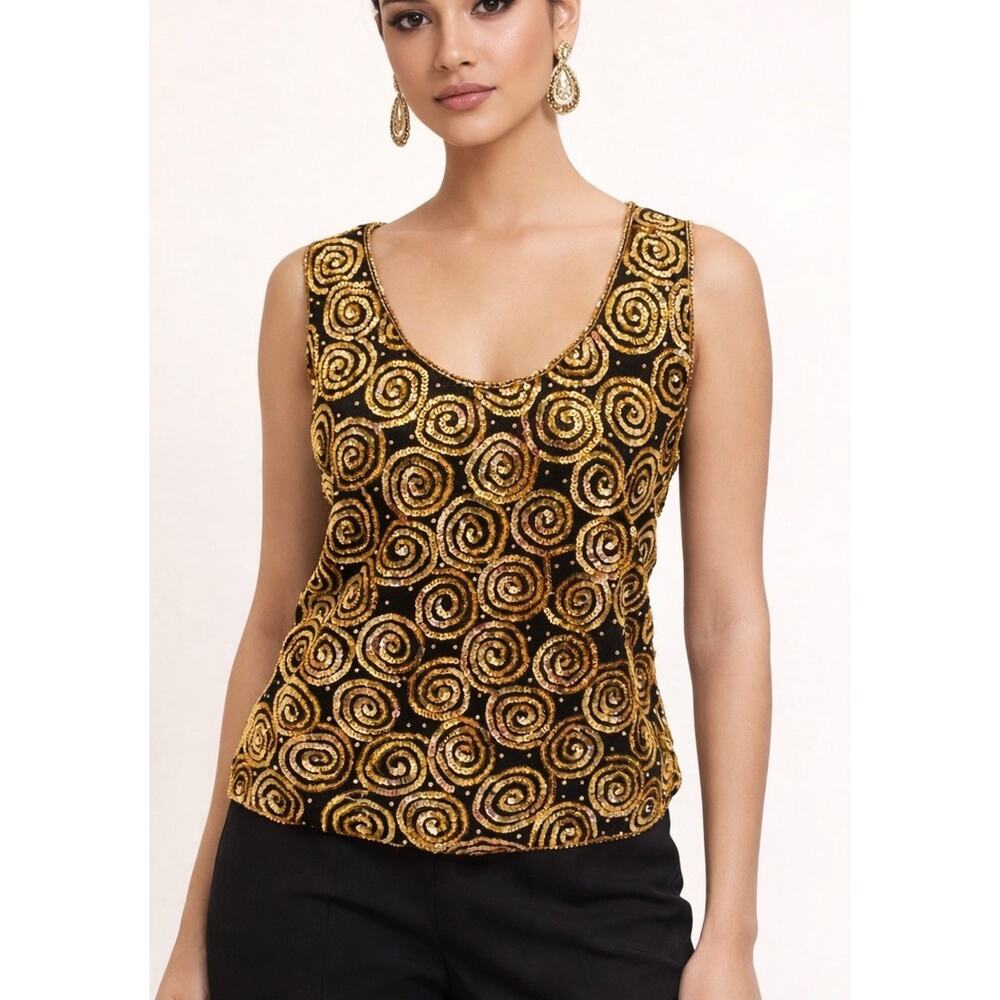 Vintage SpellBound 100% SILK Beaded SEQUINS Tank Top Black Gold Swirl M Party